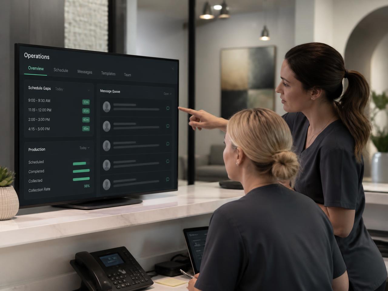 Front-desk team reviewing the FrontPulse operations board.